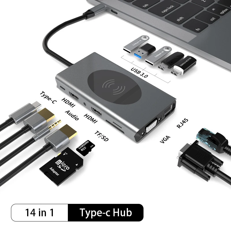 USB C Hub 14 in 1 Type-C to HDMI VGA SD/TF RJ45 PD 4K1080P USB3.0 3.5mm Audio Wireless Charge Docking Station for Laptop Macbook