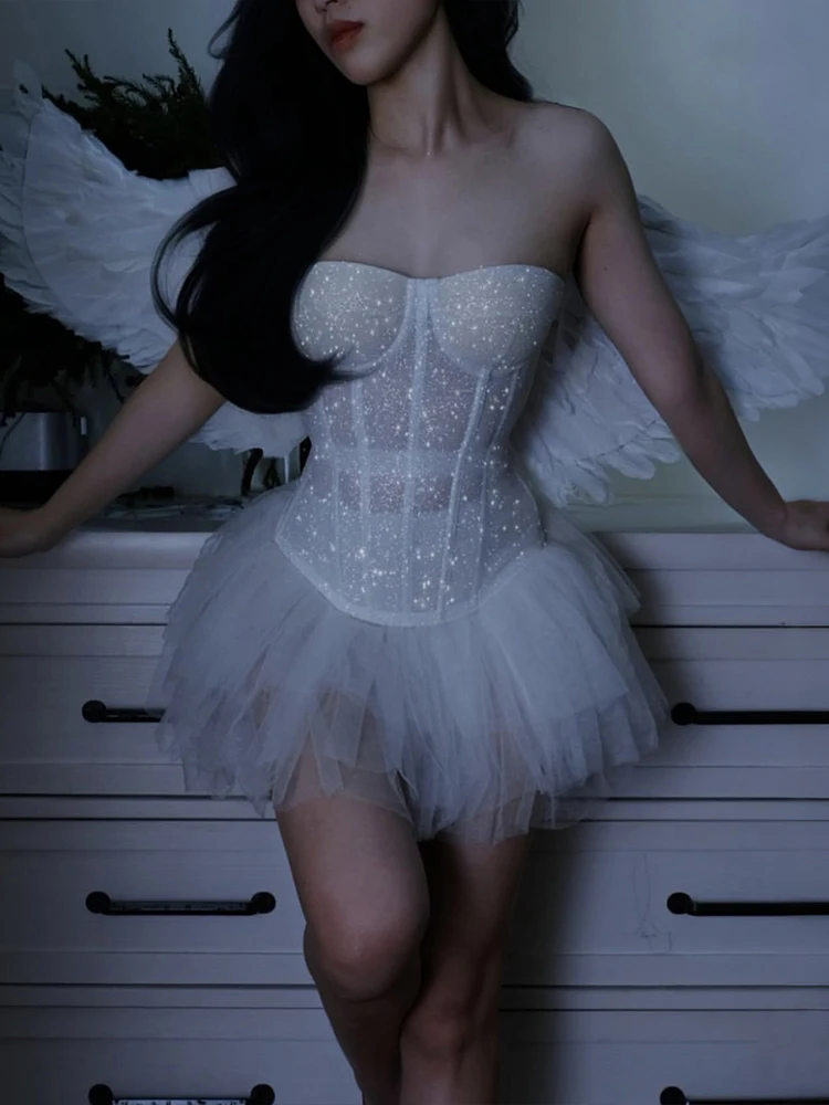 

Женский комплект из 2 предметов в стиле принцессы Weird Puss, блестящий корсет без бретелек + многослойная тюлевая пышная юбка, сексуальные наряды для вечеринок на День святого Валентина