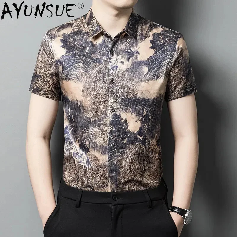 

34.1% Mulberry Real Silk Shirt for Men Short Sleeved Printed ' Clothing 65.9% Cotton Tops Casual s Camisetas