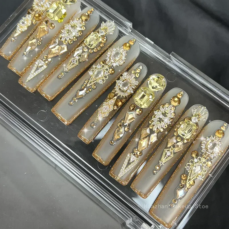 Handmade 3D Flower Extra Long Press On Nails Customized False Nail Tips Gold Bling Rhinestone Y2K Reusable 3XL Acrylic Fake Nail