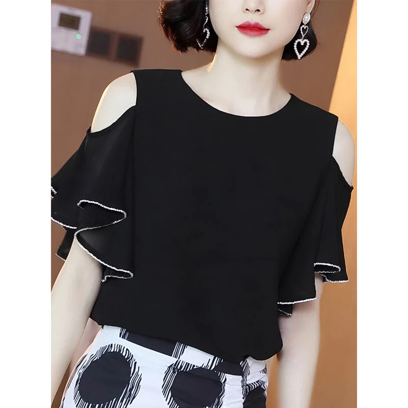 Fashion Off Shoulder O-Neck Spliced Ruffles Oversized Loose Hollow Out Chiffon Shirt Summer Casual Tops Commute Women\'s Blouse