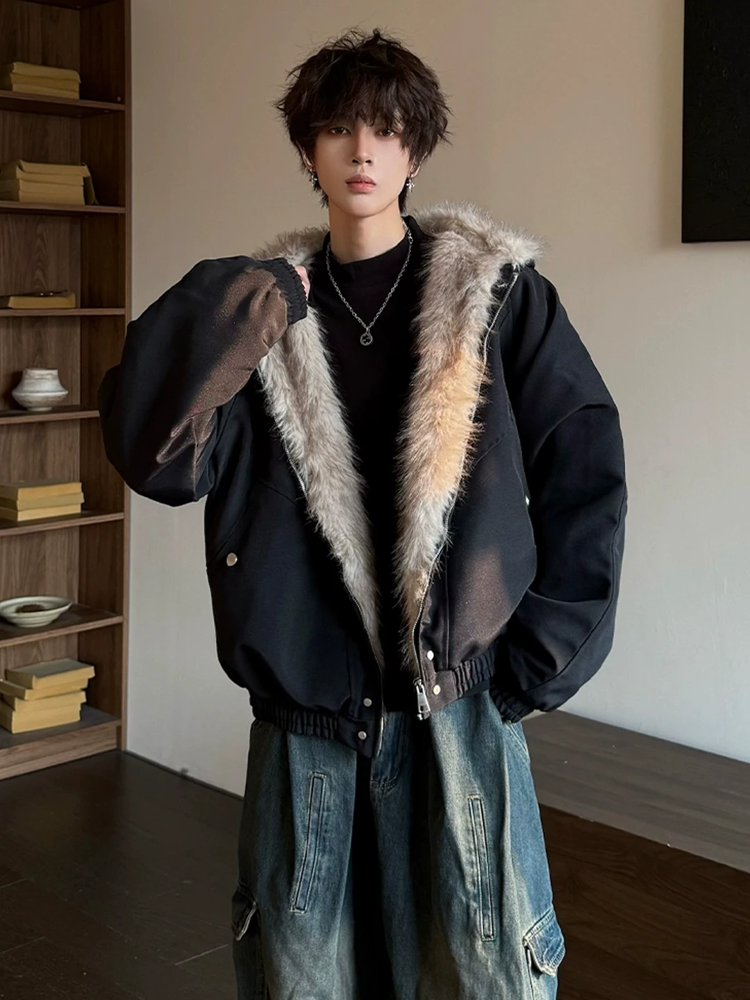 블라 퍼 칼라 남성용 코튼 재킷 후드 파카 따뜻한 가을 겨울 클린핏 아메리칸 레트로 슬림 핏 청년 패션