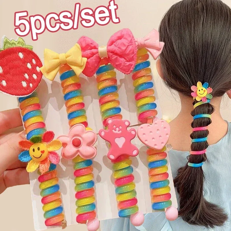 5pcs/set Kawaii Telephone Wire Hair Bands Rubber Children Colorful Cartoon Ponytail Elastic Hair Ties Scrunchies Headbands