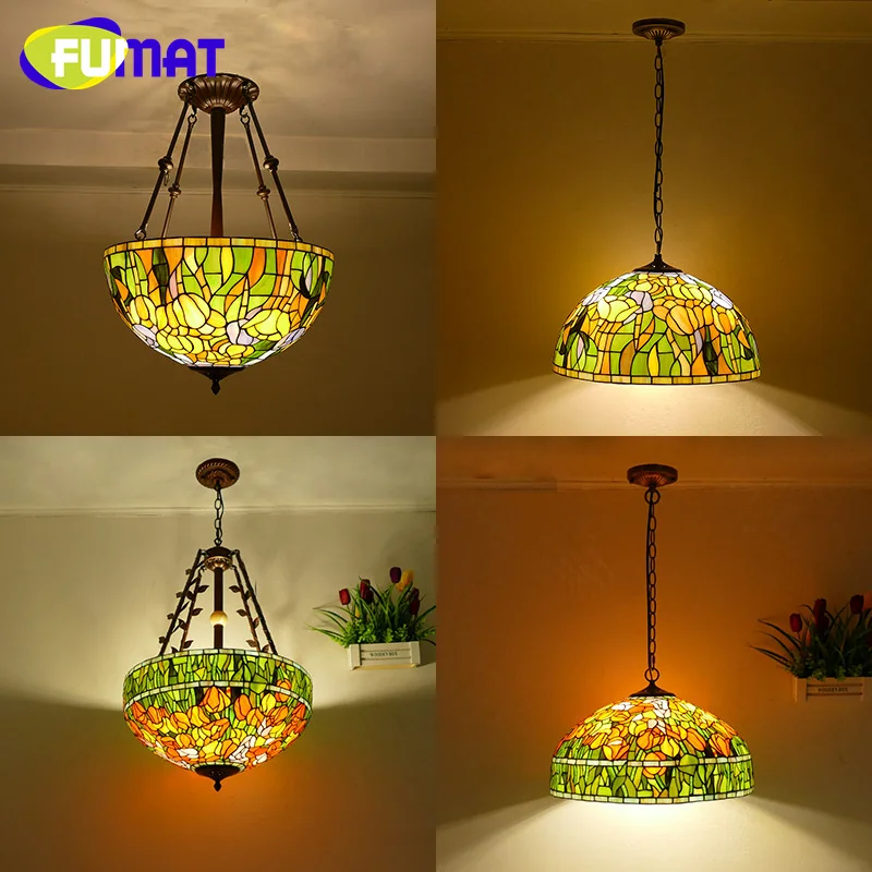 

FUMAT Tiffany style stained glass European vintage leaf tulip chandelier for living room cafe restaurant Pendant lamp LED decor