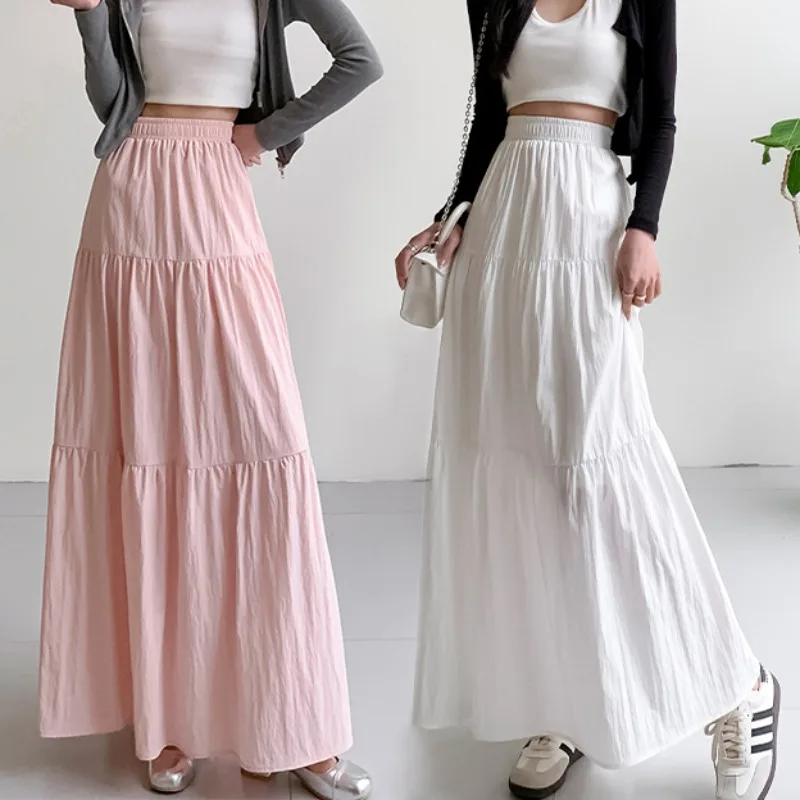 

Women's Solid Color Fashion Elastic Waist Cake Skirt High Waist A Line Long Skirt