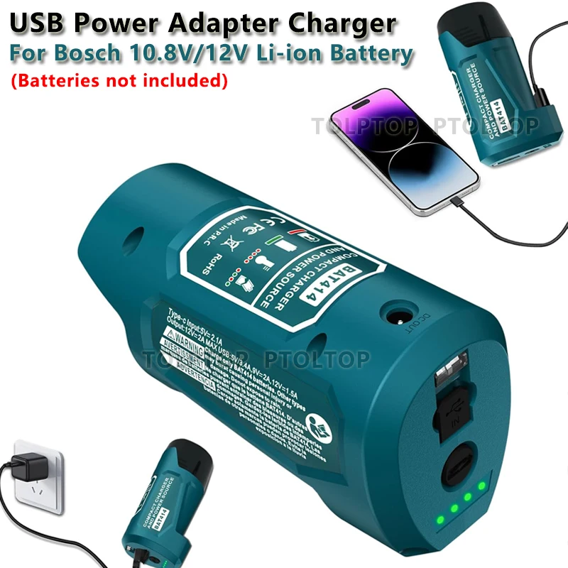 

Portable For Bosch 10.8V/12V Li-ion Battery USB Power Adapter Charger with USB & Type C DC Port Device Mobile phone Power Charge