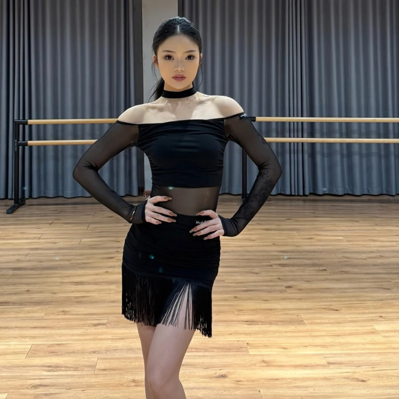 Adults Salsa Ballroom Dance Clothes Women'S Mesh Sleeves Latin Top Fringed Skirt Sexy Chacha Latin Dance Costumes SL14749