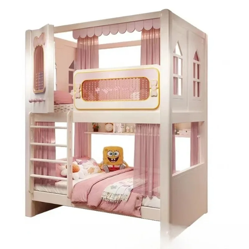 

Children's up and down bed Castle slide bed Multifunctional child and mother bed Pink high guardrail