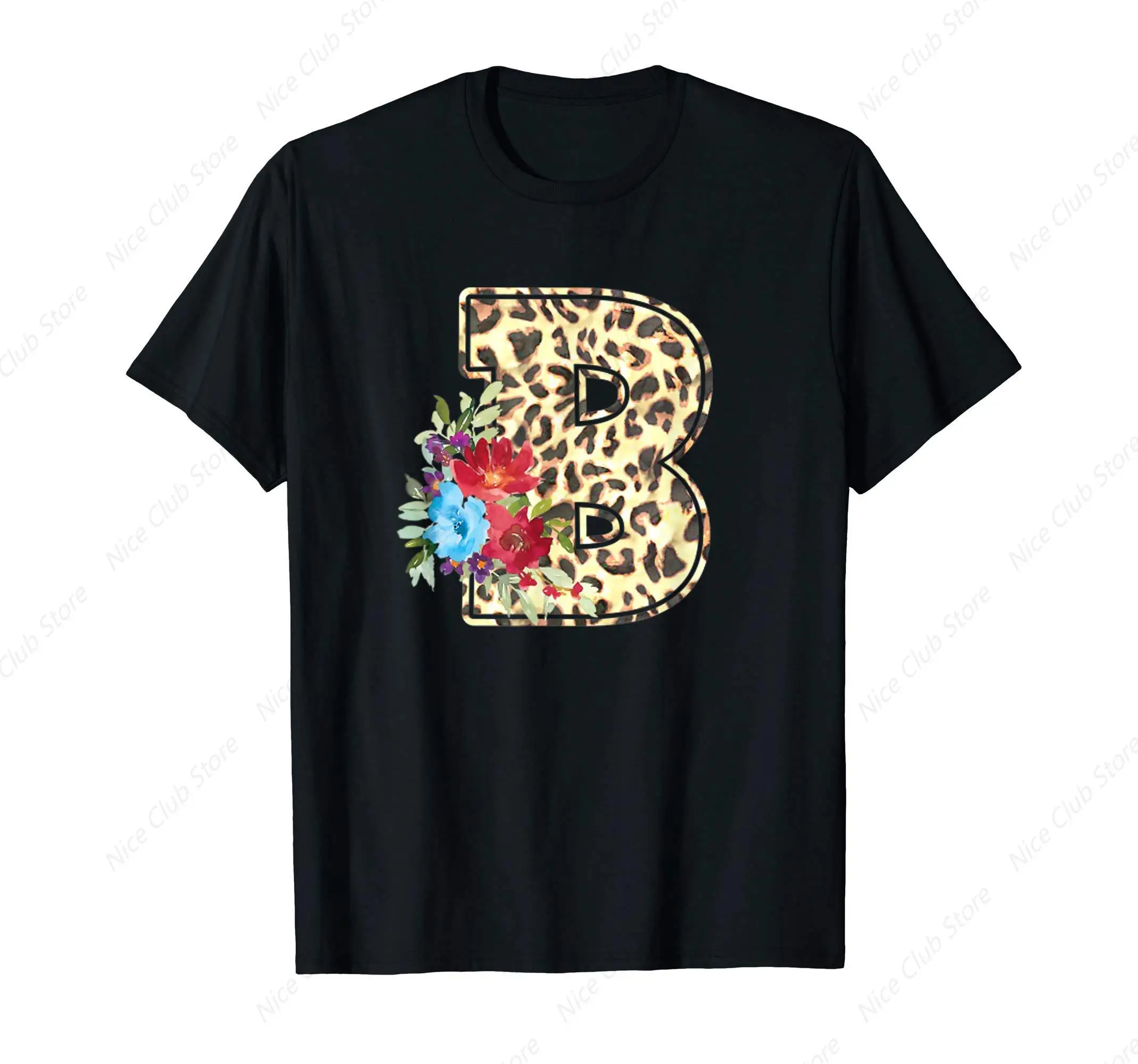 Letter B Leopard Cheetah Print Flowers Watercolor T-Shirt for Men Cotton 100% Summer Tops