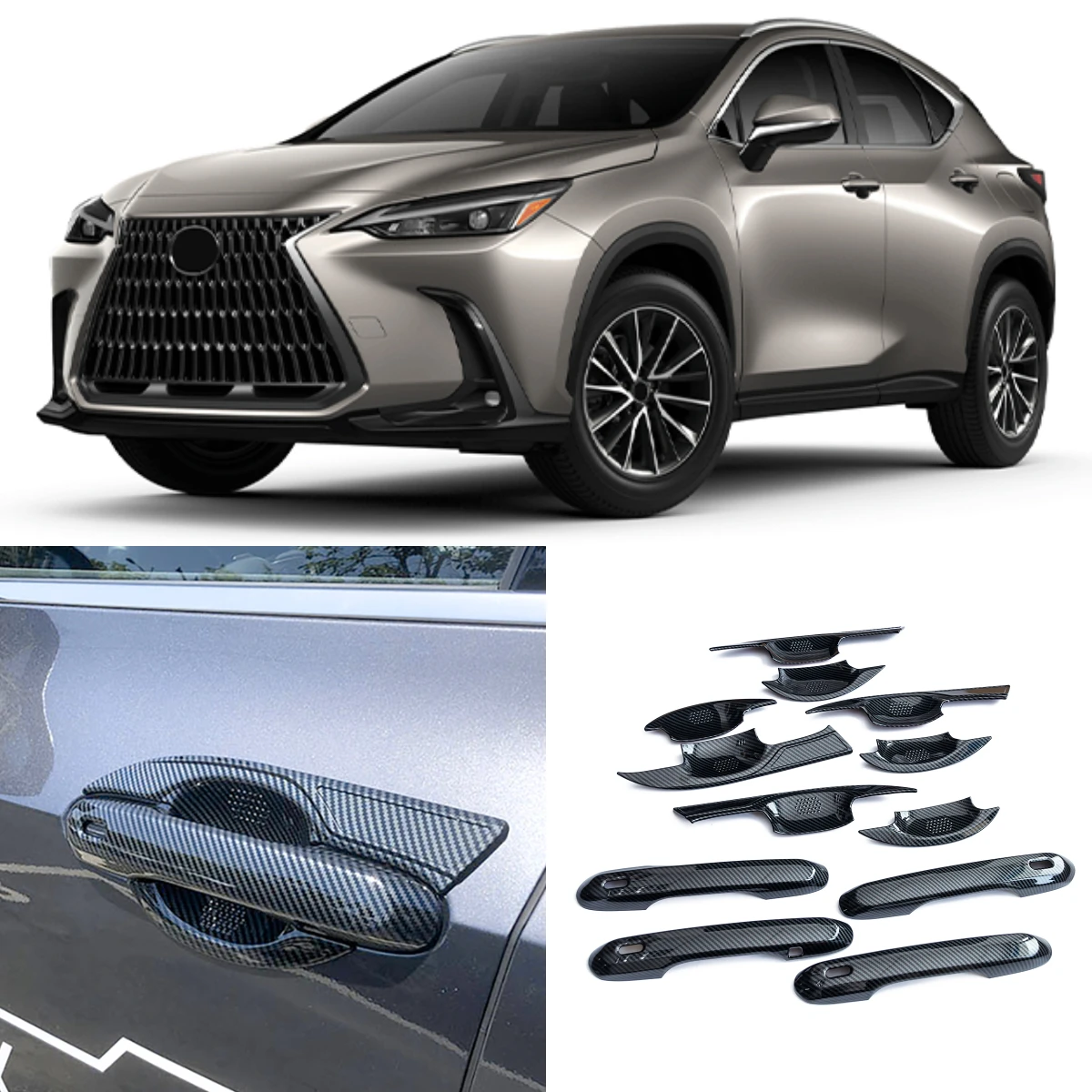 Pour Lexus NX NX250 NX350 NX350h NX450h+ 2022-2026, garnitures de protection pour poignées de portes et coupelles de poignées, aspect fibre de carbone, 2023 2024 2025