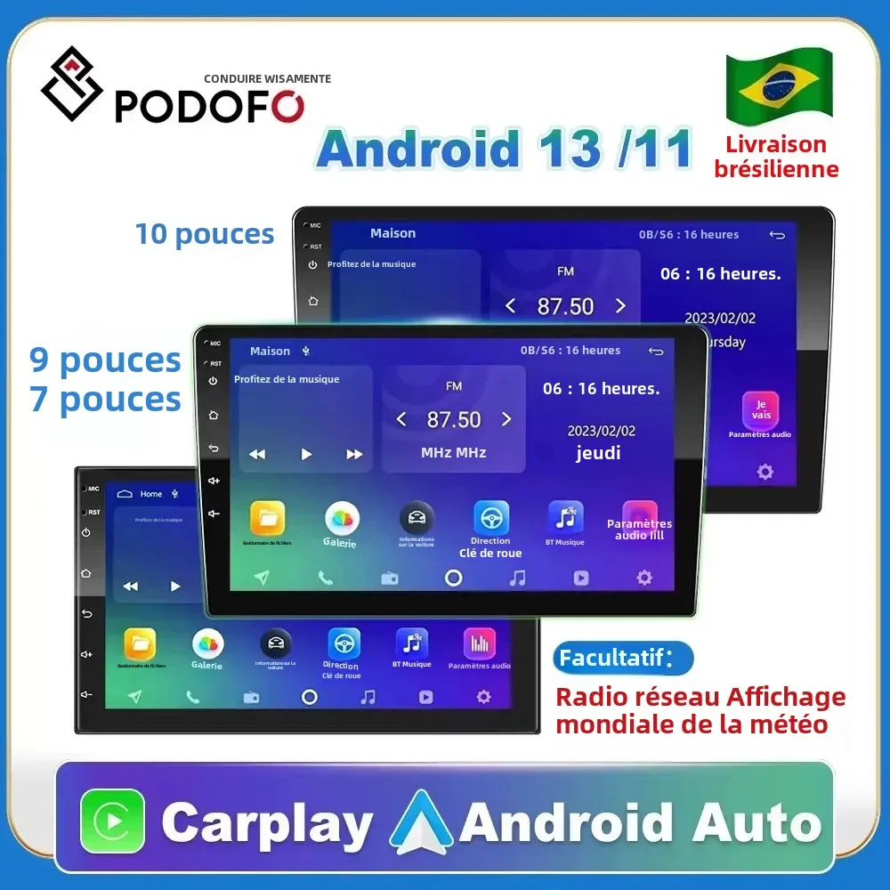 Podofo Android 12 autoradio Androidauto Carplay 2 Din GPS Audio de voiture 7 /9/10 WIFI BT
