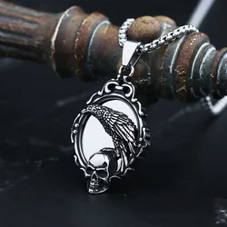 Fashion 316L Stainless Steel 2023 New Arrive Fashion Skull Head With Crow Pendant Necklace For Man Women Mirror Charm Gift