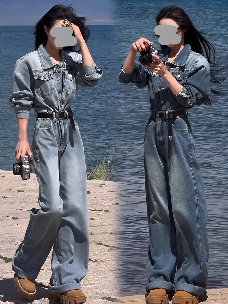 Damski zestaw ogrodniczek dżinsowych Ele na wiosnę i jesień, nowe, eleganckie spodnie z wysokim stanem i szerokimi nogawkami, wygodna odzież robocza, modne.