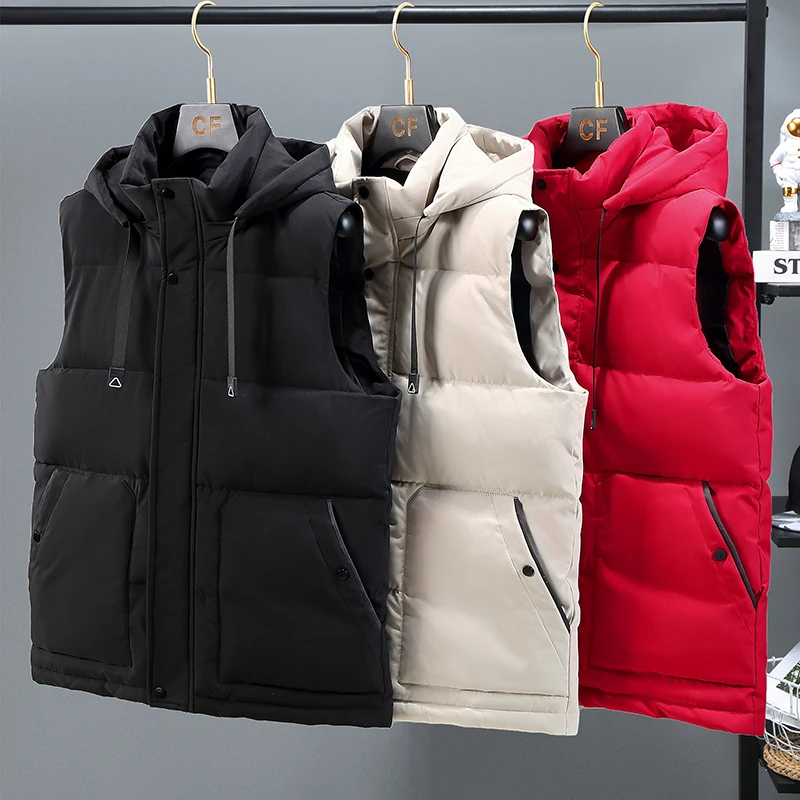

New Autumn and Winter Jacket for Men Featuring Down Cotton Jacket with Hooded Stand-up Collar Solid Color Sleeveless Work Jacket