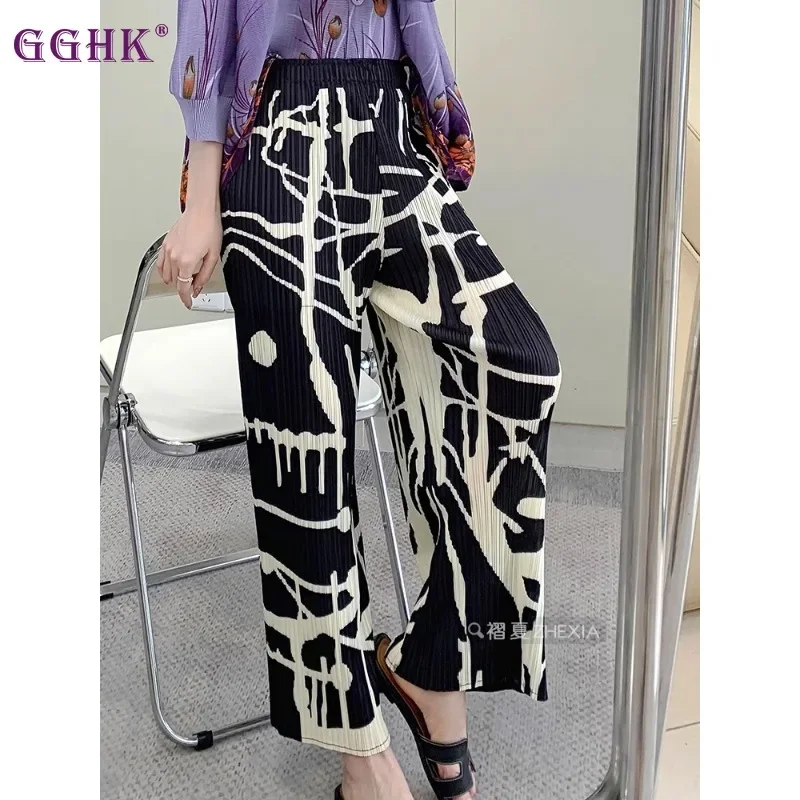 GGHK Pleated Women Casual Pants 2024 Fall New Striped Pattern Design Loose Big Yards High Elasticity Female Pants