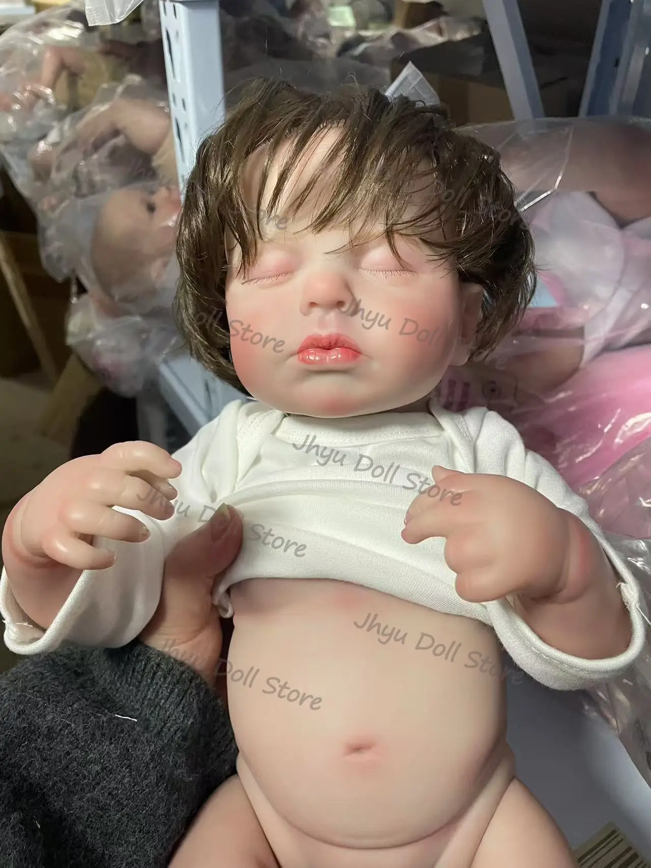 Loulou pano corpo/corpo completo de vinil 48cm já acabado pintura realista dormir boneca reborn com veias visíveis cabelo enraizado à mão