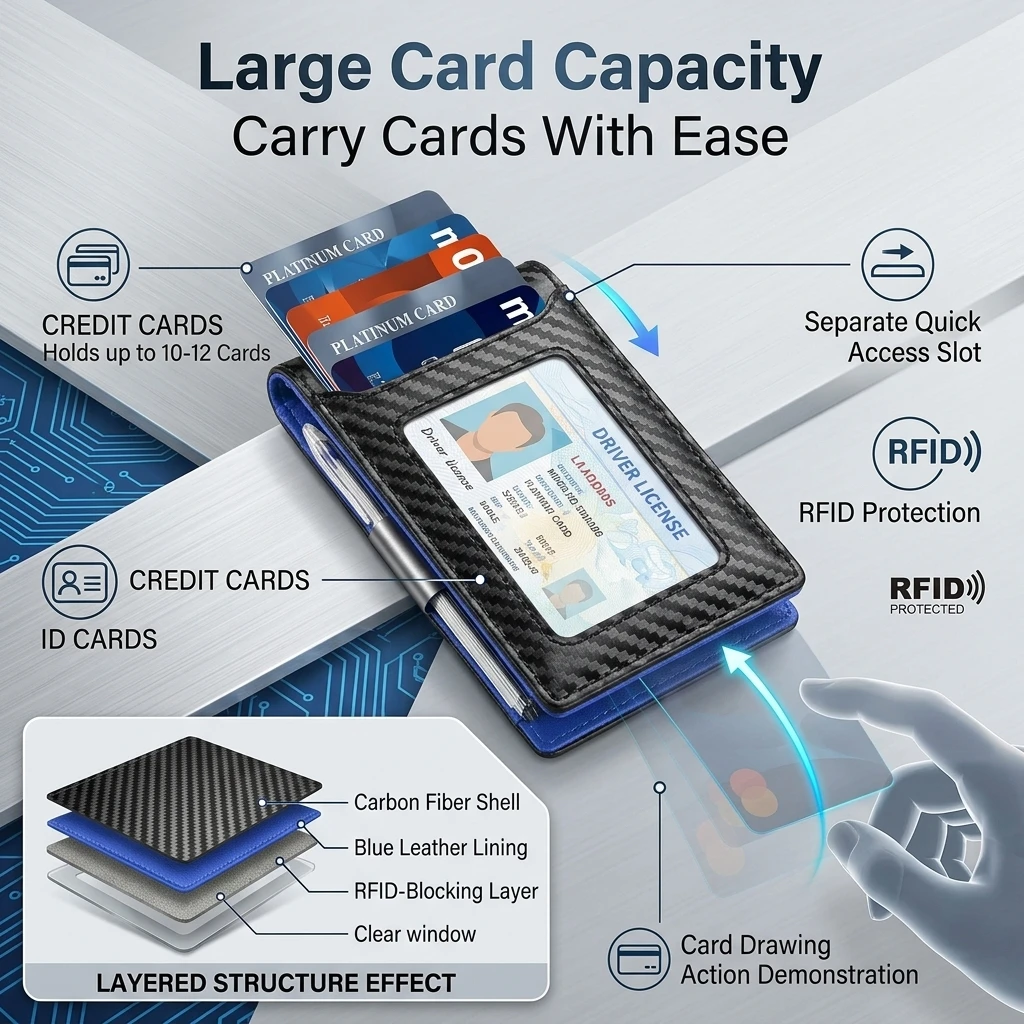 Slim Carbon Fiber Wallet for Men RFID Blocking Minimalist Credit Card Holder Metal Money Clip Thin Bifold Wallet