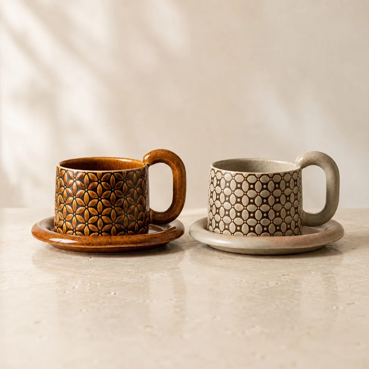 HYS Japanese retro style flower coffee cup saucer creative coarse pottery handle mug ceramic water cup couple cup