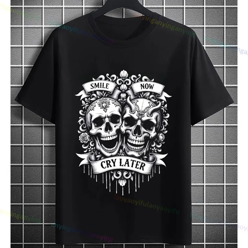 

Забавная черная улыбка сейчас Cry Later Skulls с графическим принтом для повседневной одежды, уличная одежда из чистого хлопка с короткими рукавами, модная уличная футболка
