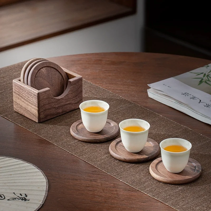 

6Pcs/Set Walnut Wood Coasters Placemats Decor Round Heat Japanese Style Drink Coaster Home Decoration