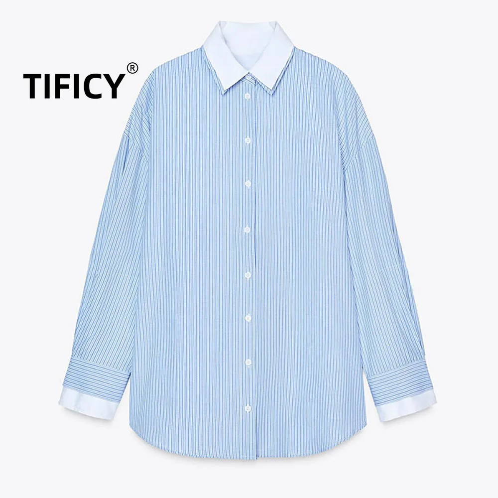 

Spring and Autumn Office Shirts Tops New Women's Clothing Contrasting Striped Poplin Long Sleeved Lapel Casual Streetwear Shirt