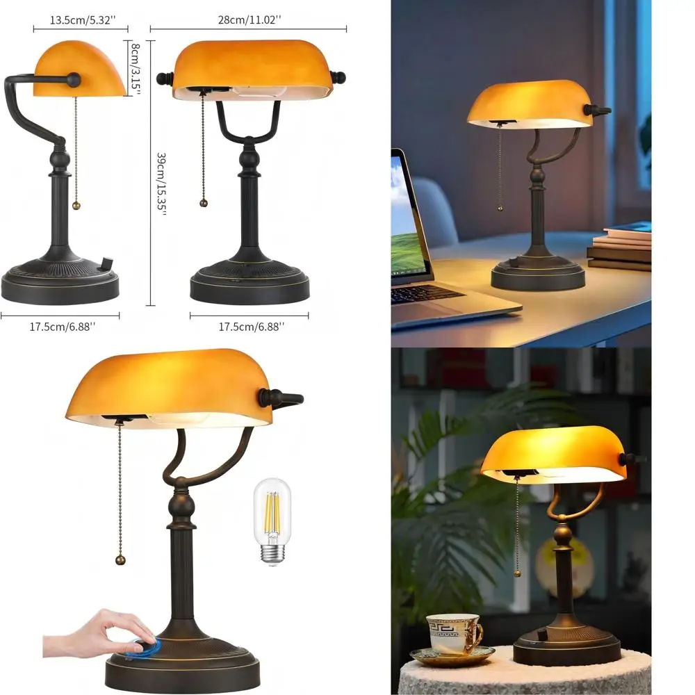 

Amber Glass LED Desk Lamp with Adjustable Brightness, Plug-in for Home Office and Study, Included Bulb