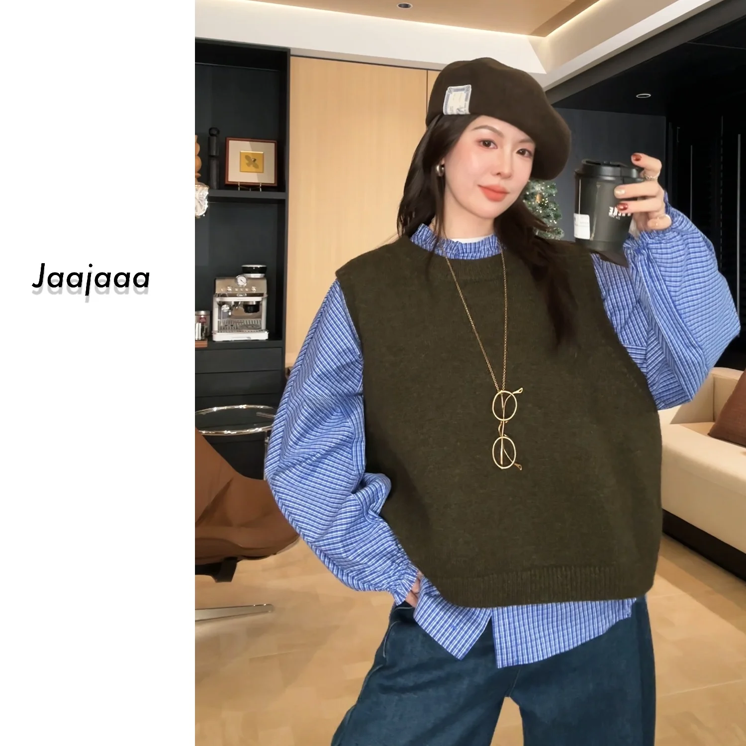 

Классический вязаный комплект Jaajaaa: жилет в полоску и шарф, мягкий повседневный женский трикотаж, теплый и комфортный для...