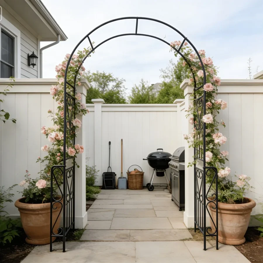 Outdoor metal garden arch W55'' x H94.5'' for climbing plants support, black finish, rust-resistant steel, easy assembly, ideal