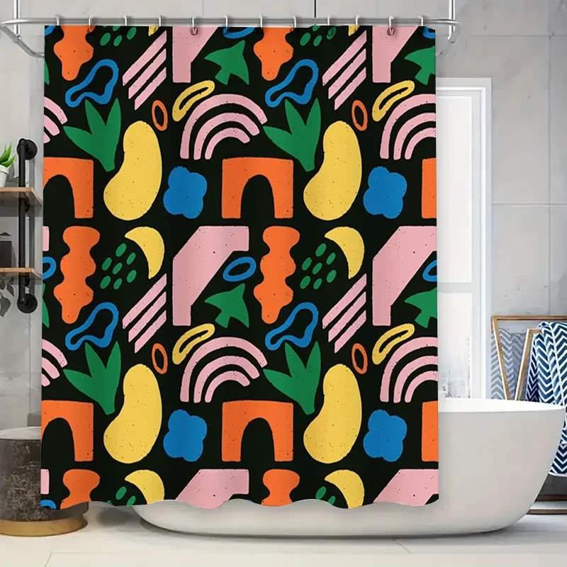 

Яркая занавеска для душа, водонепроницаемая ткань с забавными узорами форм для декора ванной комнаты (черная), размер 72 x 84 дюйма (180 c