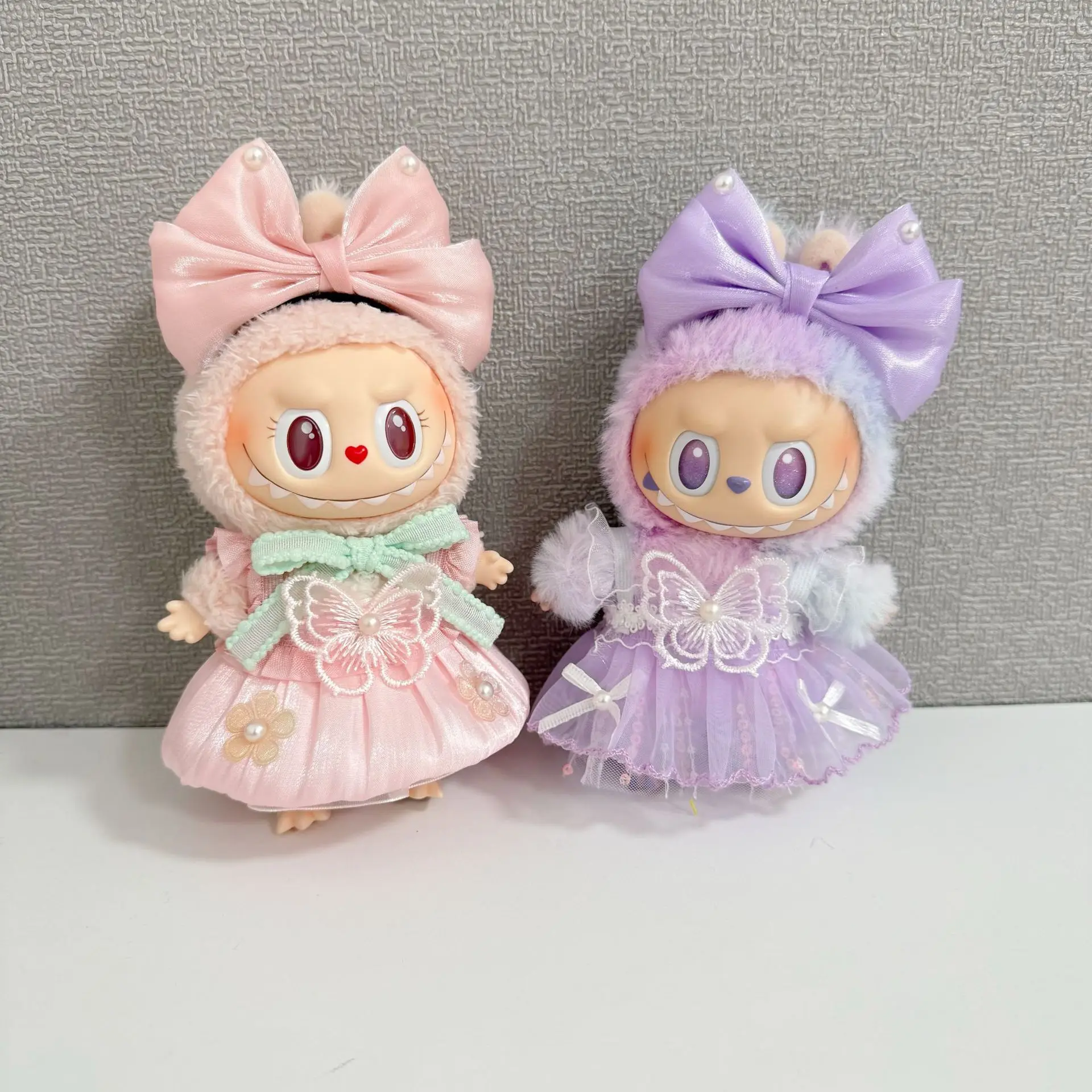 

Sweet And Cute Style Outfits For 15/17cm 1st-3rd Gen Labubu Dolls Pink And Purple Big Bow Lace Fairy Dresses