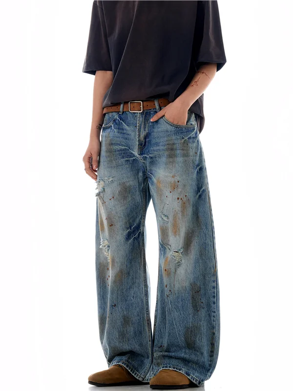 

Американские мужские джинсы в стиле ретро, крутые свободные прямые брюки с рваными лезвиями, повседневные износостойкие джинсы с высокой талией на молнии