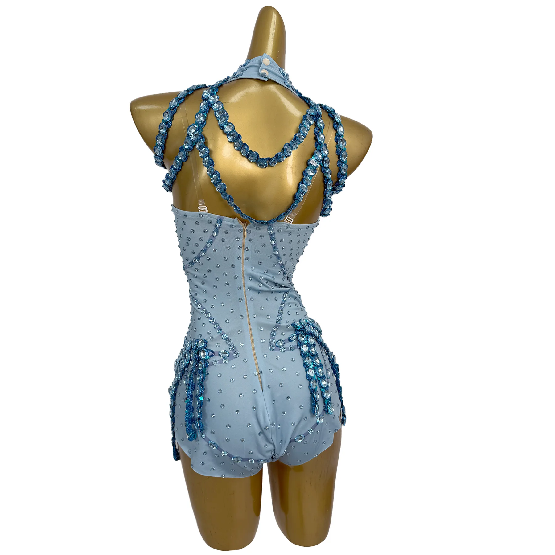 Tianlan مثير بار نادي الأداء زي الأزرق حجر الراين حمالة بذلة مع سلسلة عنق المرأة كوكتيل حفلة موسيقية اللباس