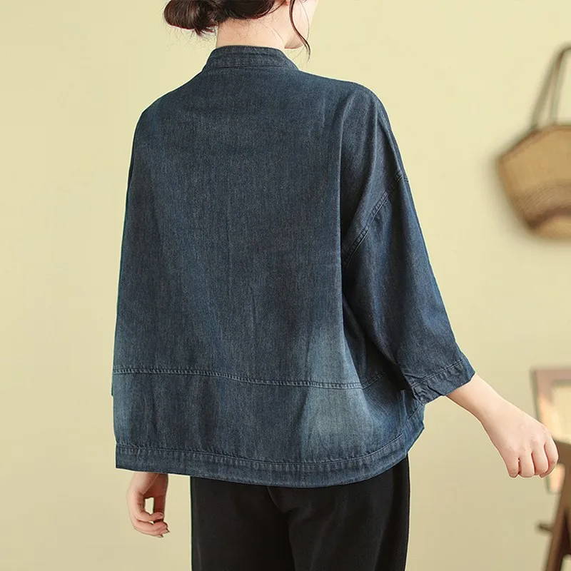 Women Casual Denim Jackets New Arrival 2024 Spring Korean Style Vintage Stand Collar Basics Loose Female Jeans Coats B3624