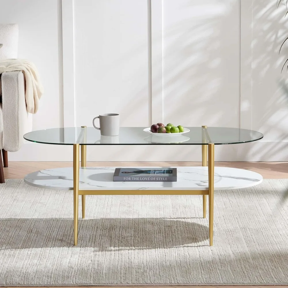 Mid-Century Oval Coffee Table with Clear Glass and White Marble Finish for Living Spaces