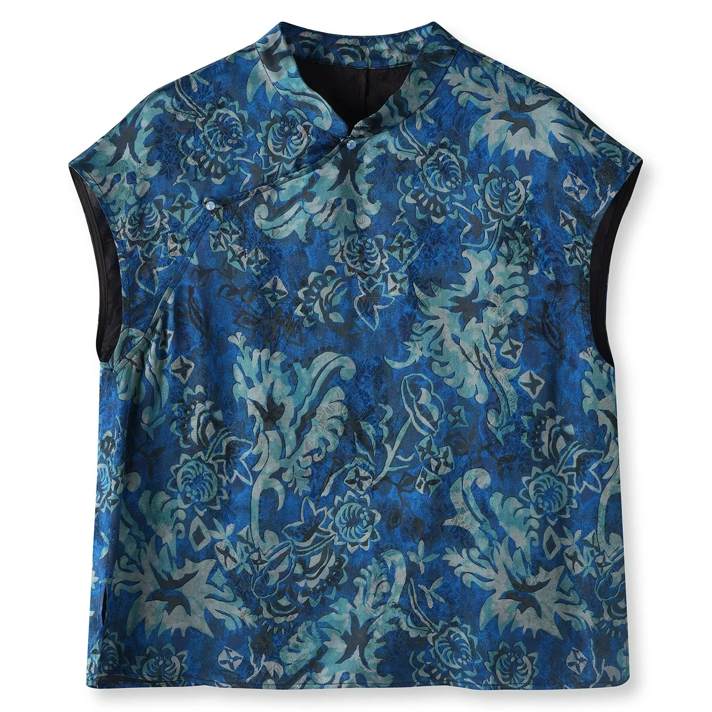 الأزهار المطبوعة الحرير الحرير البلوزات المرأة قصيرة الأكمام فضفاضة قمم خمر النمط الصيني شيونغسام أعلى المتضخم