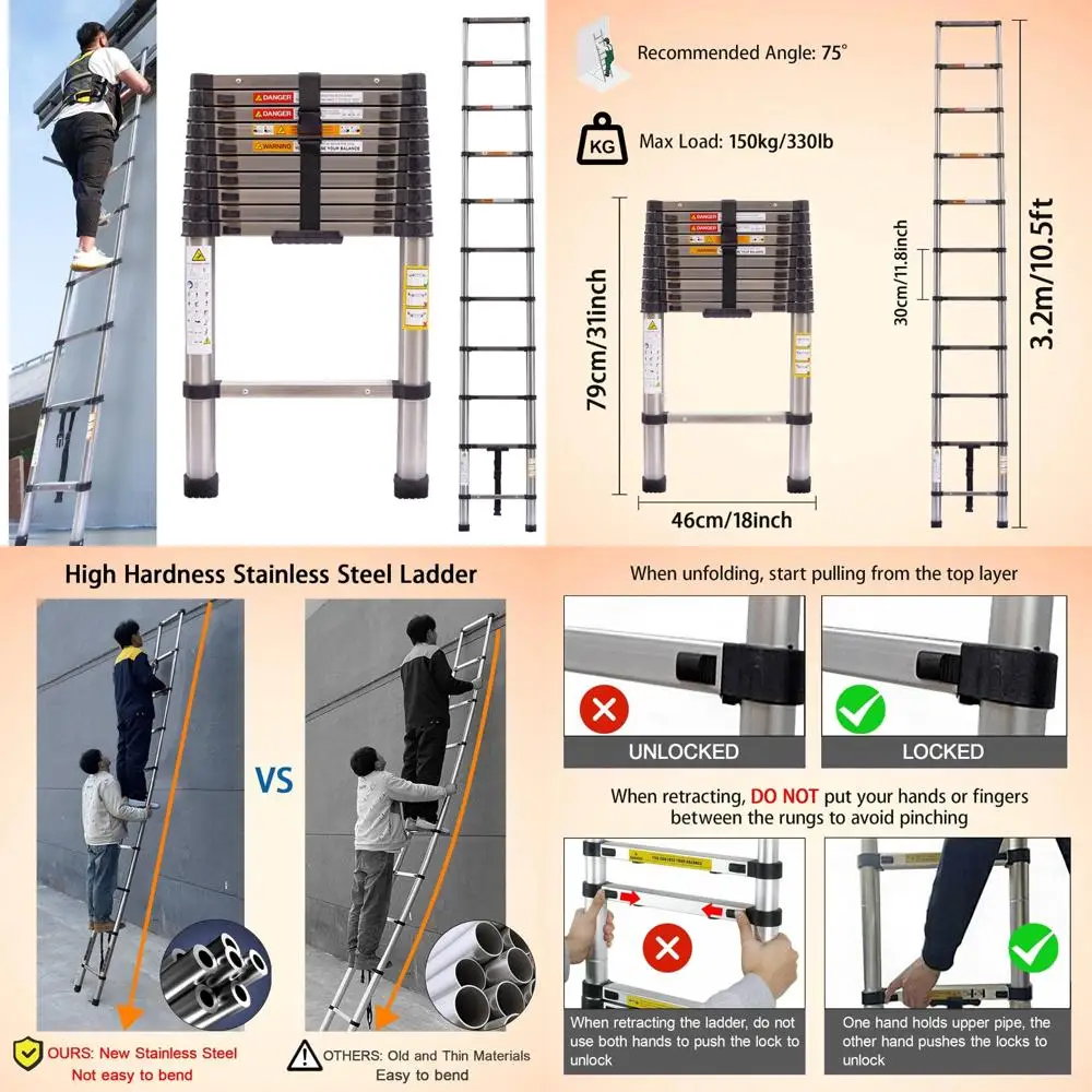 

Телескопическая удлинительная лестница из нержавеющей стали, 10,5 футов, сверхмощная, складная, для лестницы до чердака высотой 3,2 м