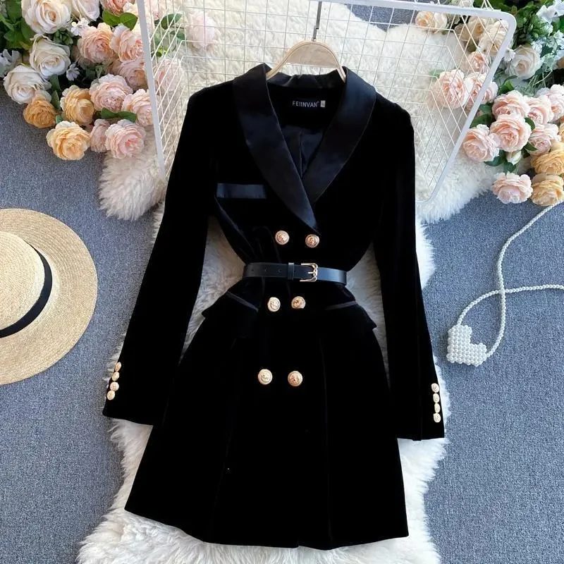 

Blazer Coat Women Velvet Suit Jacket Winter Double Breasted Long Sleeve Ladies Black Blazer Belt Women Slim Suit Blazer Outwear