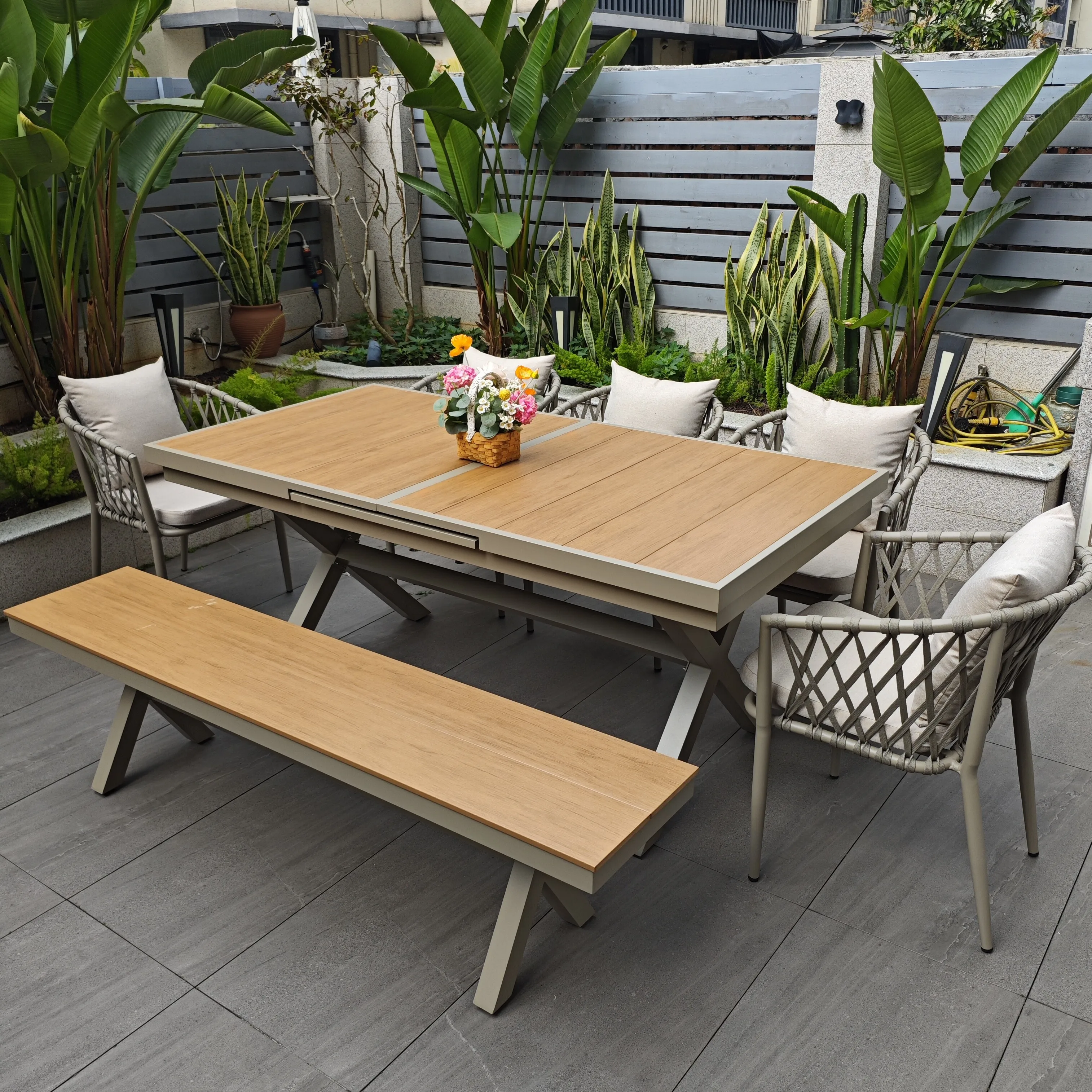 Outdoor tables and chairs Stretch table Plastic wood retractable table and chairs Aluminum alloy courtyard villa Waterproof and