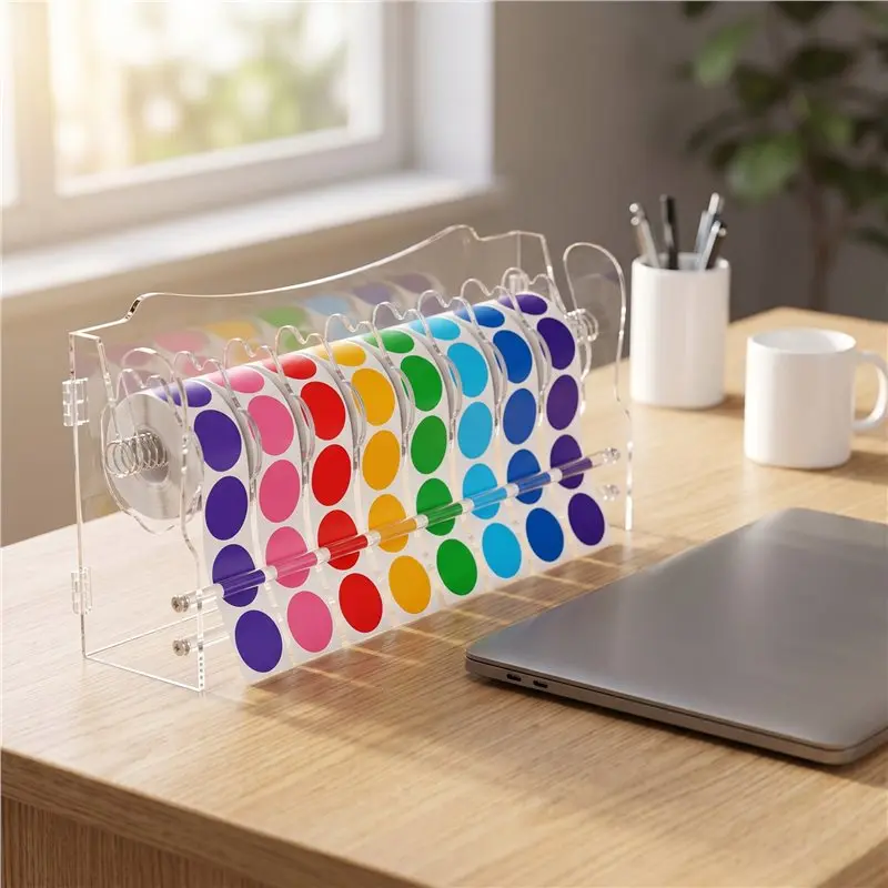 [NEWA08R】 Adjustable Clear Label Dispenser,8 Acrylic Sticker Disks, Sticker Roll Holder For Home Desktop