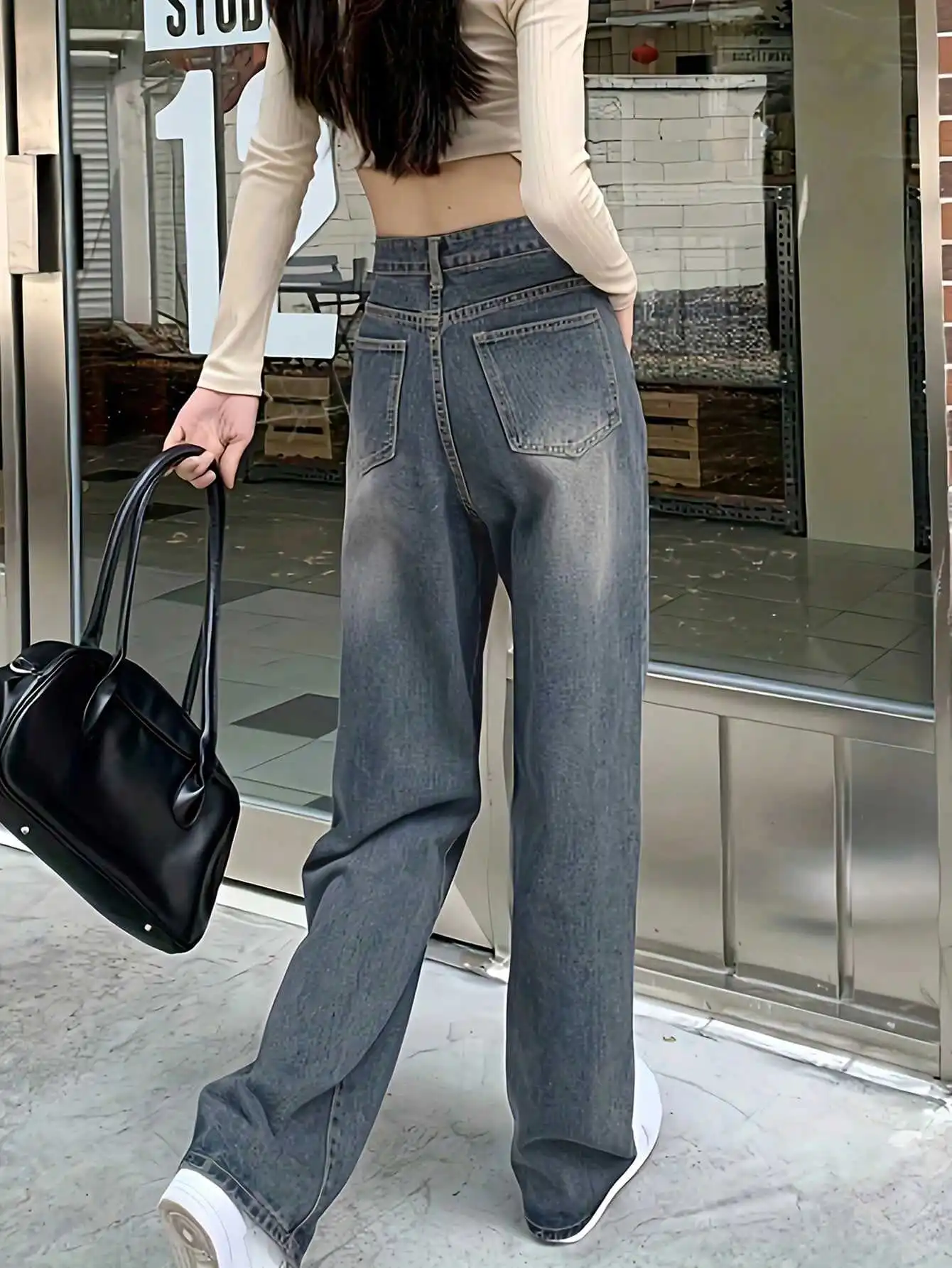 

Blue Jeans Women's Straight Leg Long Pants Spring Seasonal Small Size 2024 New Sle Anti-Wrinkle High Waist Zipper Closure