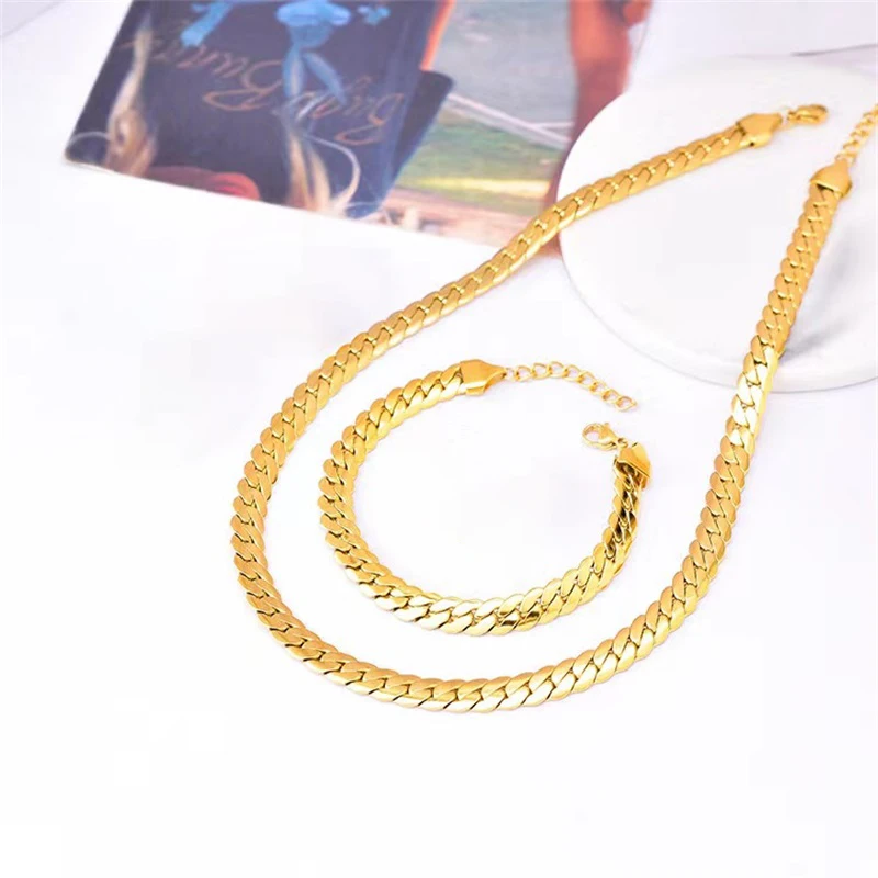 EILIECK Neue Mode Edelstahl Metallketten-Halskette Armband für Damen Modisches Wasserdichtes Goldfarbenes Schmuckset Geschenk Party – Detail 15