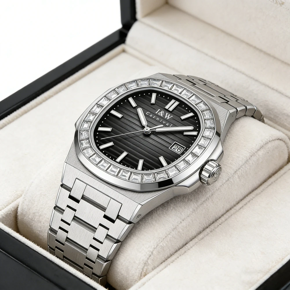 Carnival Brand Luxury Diamond Crystal Bezel Mechanical Watch Men 50M Waterproof Luminous Sapphire Imported Movement Square Watch