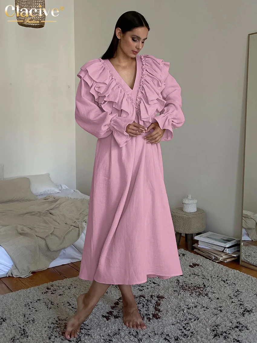 

Clacive Fashion Loose Pink Cotton Women's Dress 2025 Casual V-Neck Long Sleeve Midi Dresses Elegant Classic Ruffle Female Dress