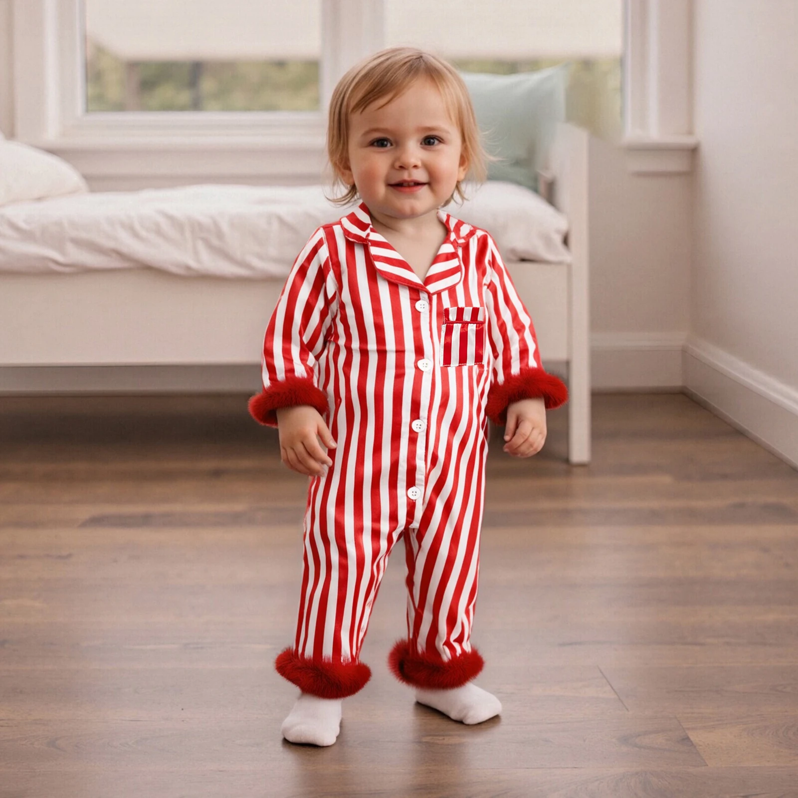 Baby Girls Pajamas, Long Sleeve Furry Patchwork Button Closure Stripes Jumpsuit Sleepwear Loungewear