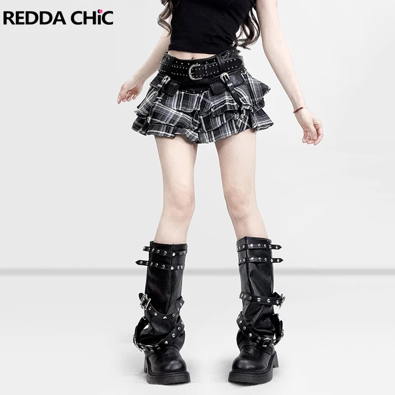 

Кожаная юбка REDDACHiC с вышивкой, винтажная, в стиле гранж, в клетку, с рюшами и складками, с низкой талией, мини-юбка-карго, в стиле панк, уличная мода