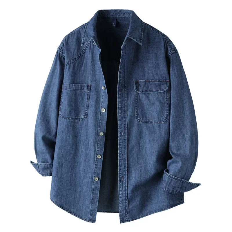 

Japanese Vintage Long Sleeve Denim Shirt Men Spring New Jean Shirts Male Casual 100% Cotton Cowboy Tops Double Pockets Jacket