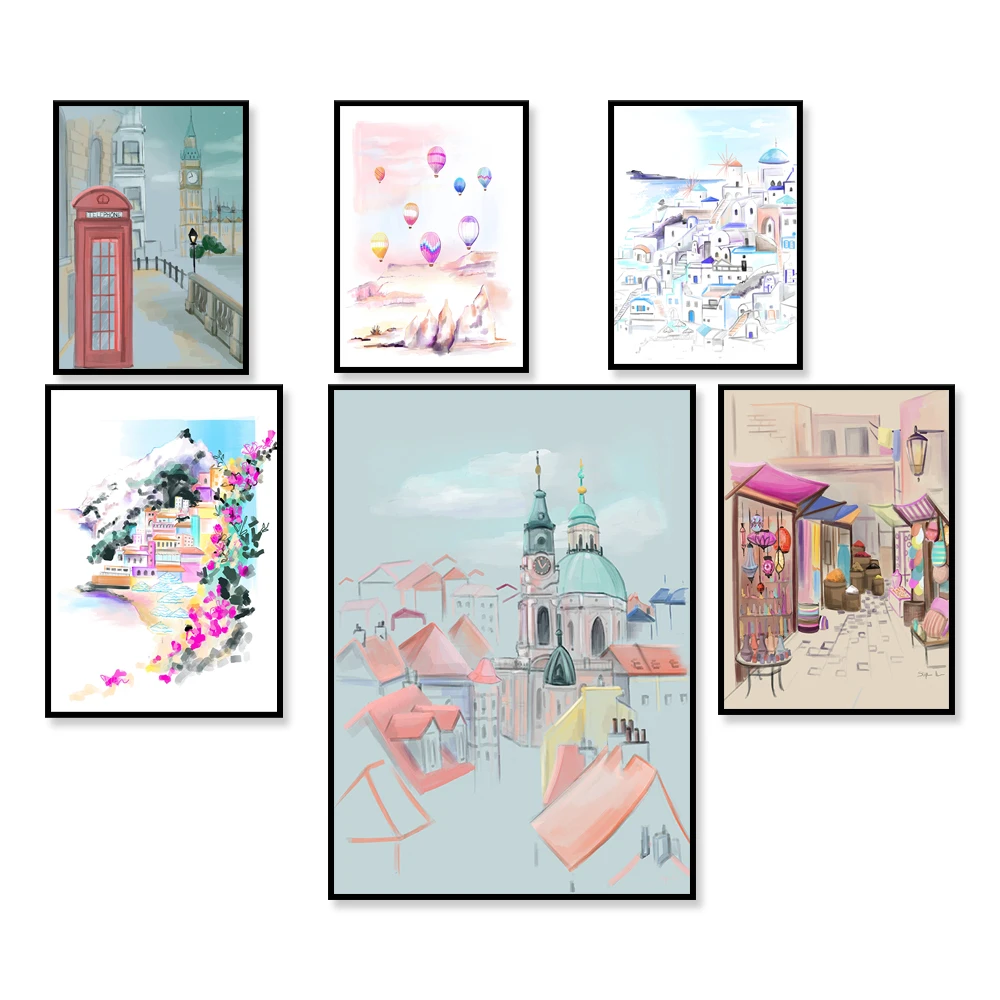 Cappadocia, Marratch, Londen, Positano, Santorini, Praag, Reisposter, Aquarelillustratie, Reiscadeau-idee