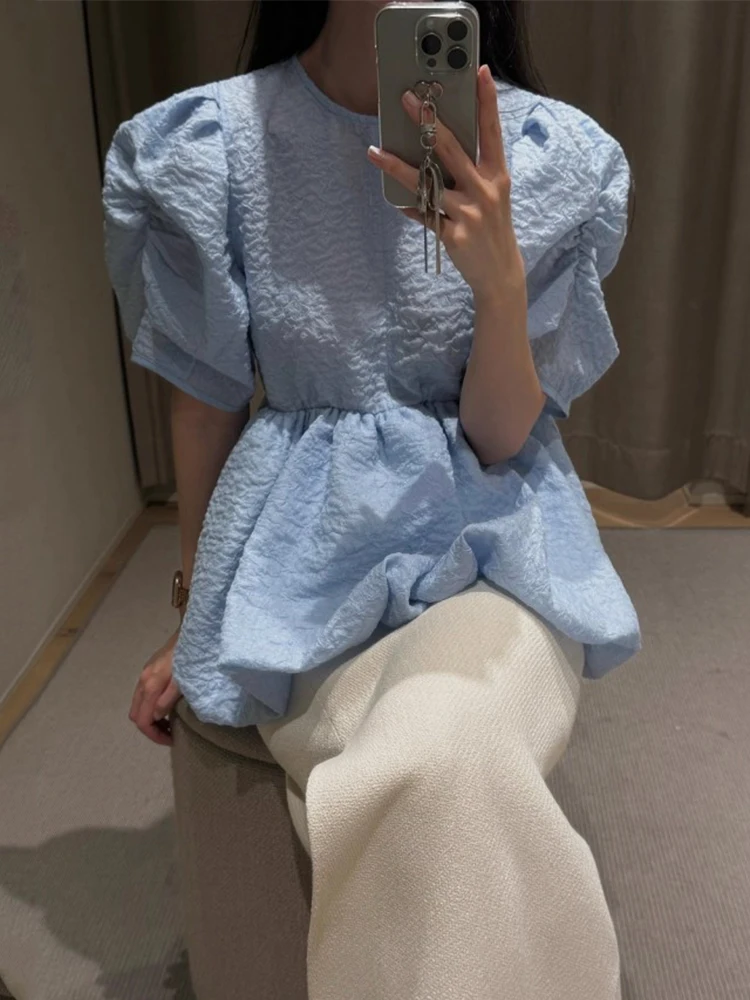 

Sweet Sle Textured Bubble Sve irt Women's Loose Fit Summer New Sle Lace Collar Floral Top Faionable Versatile