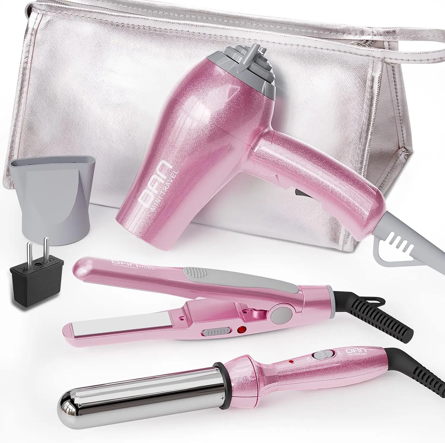 

Travel Hair Dryer Set with Mini Flat Iron & Curling Iron, Dual Voltage, Pink