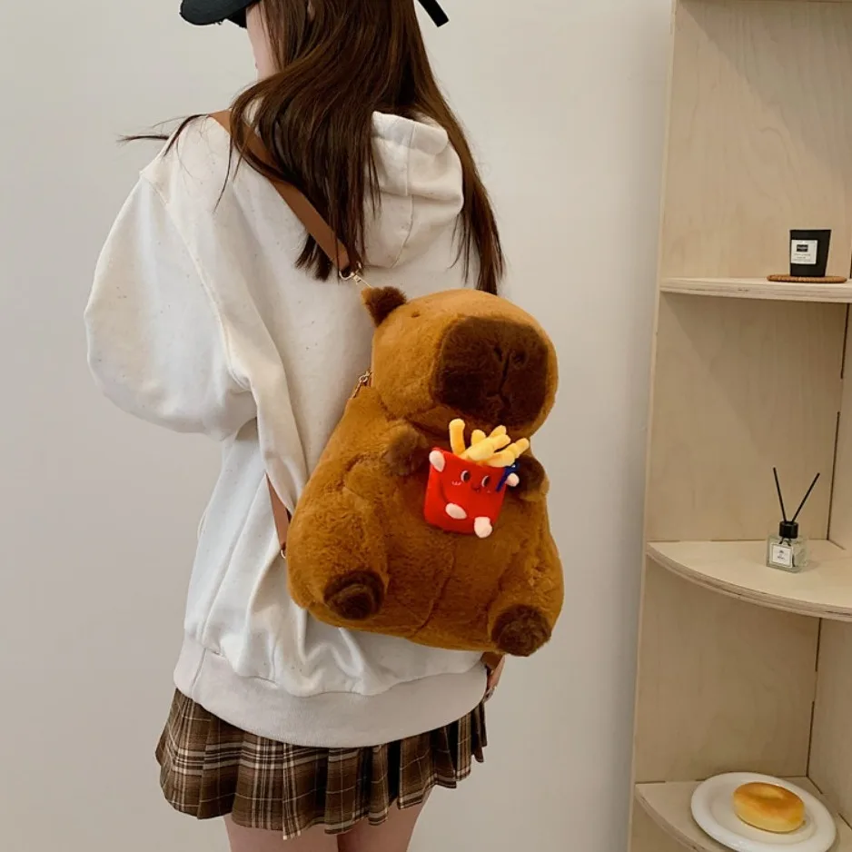 Comfortable Cartoon Capybara Backpack Hamburg Plush Kawaii Handbags Korean Style French Fries Doll Fur Bag Party